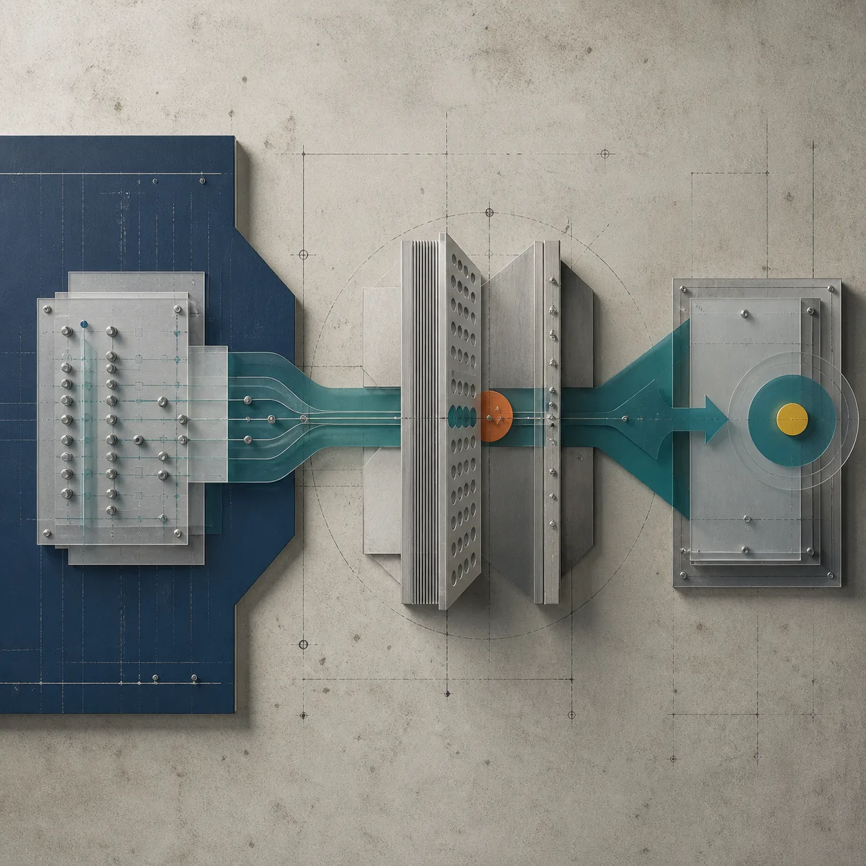 Architectural technology model showing signals passing through a controlled gateway