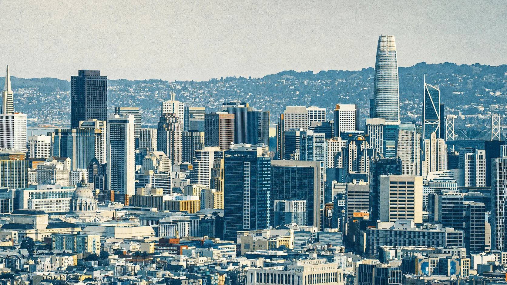 Real 2025 panorama of downtown San Francisco from Twin Peaks, styled in Tucario's editorial palette